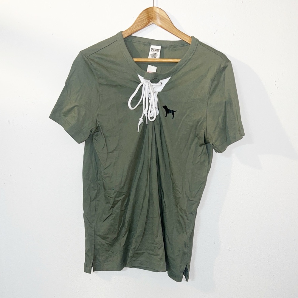 PINK Victoria’s Secret green tie front short sleeve shirt
